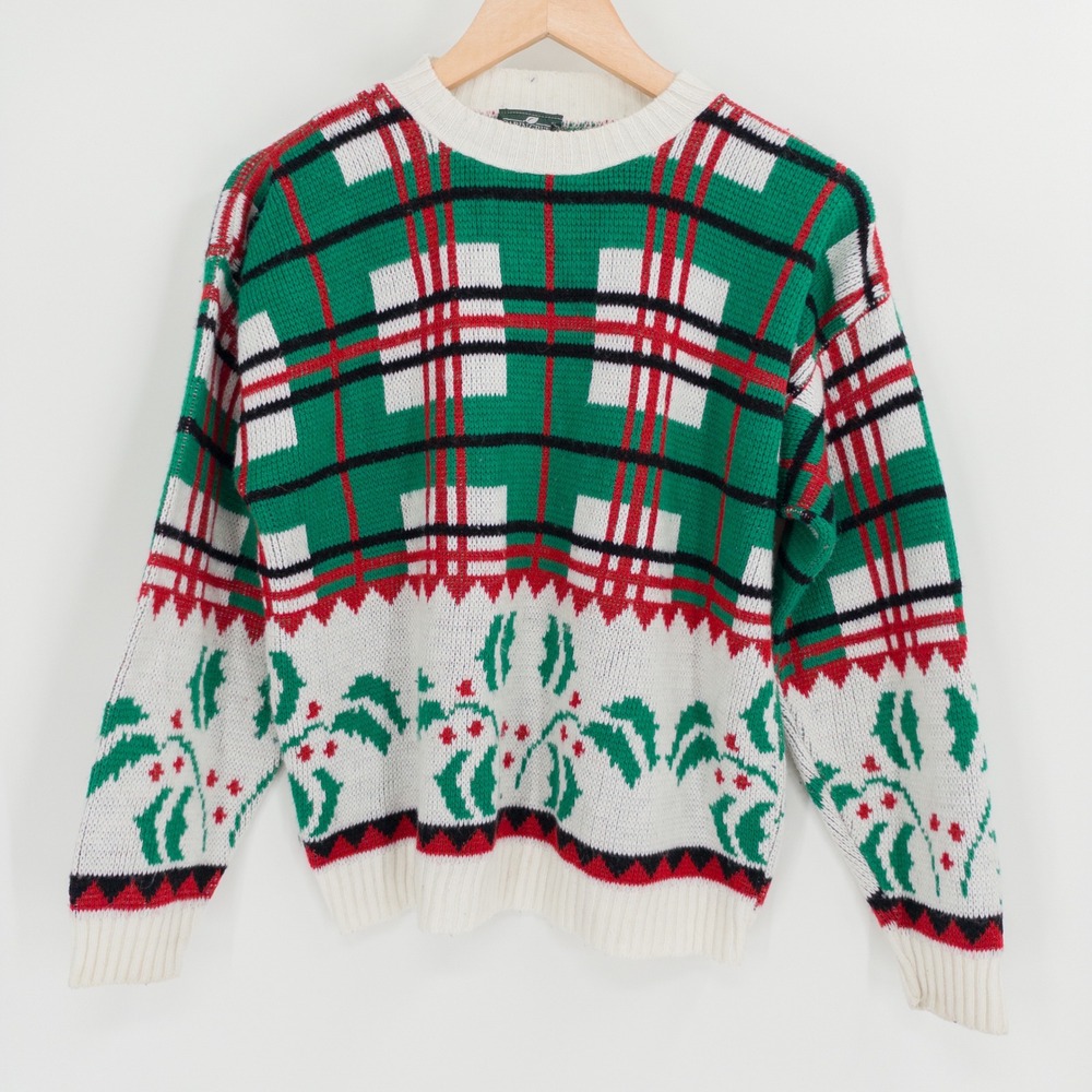 Vintage Christmas Sweater Women M Green Plaid Holly Granny 90s Retro Colorful
